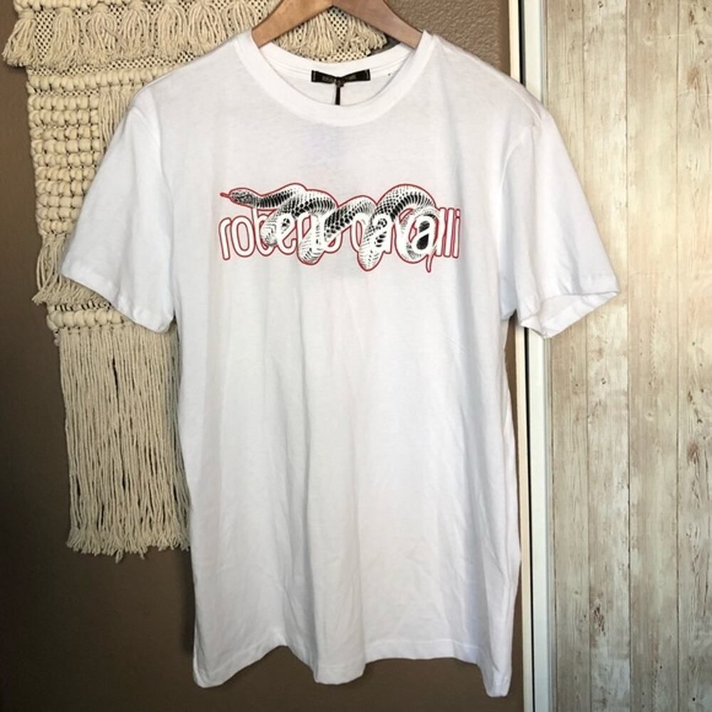 Roberto Cavalli Snake Wrapped Logo White T-Shirt